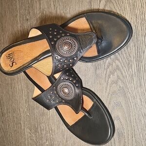 Söfft Black Leather Studded Slide Sandals with Bronze Accents